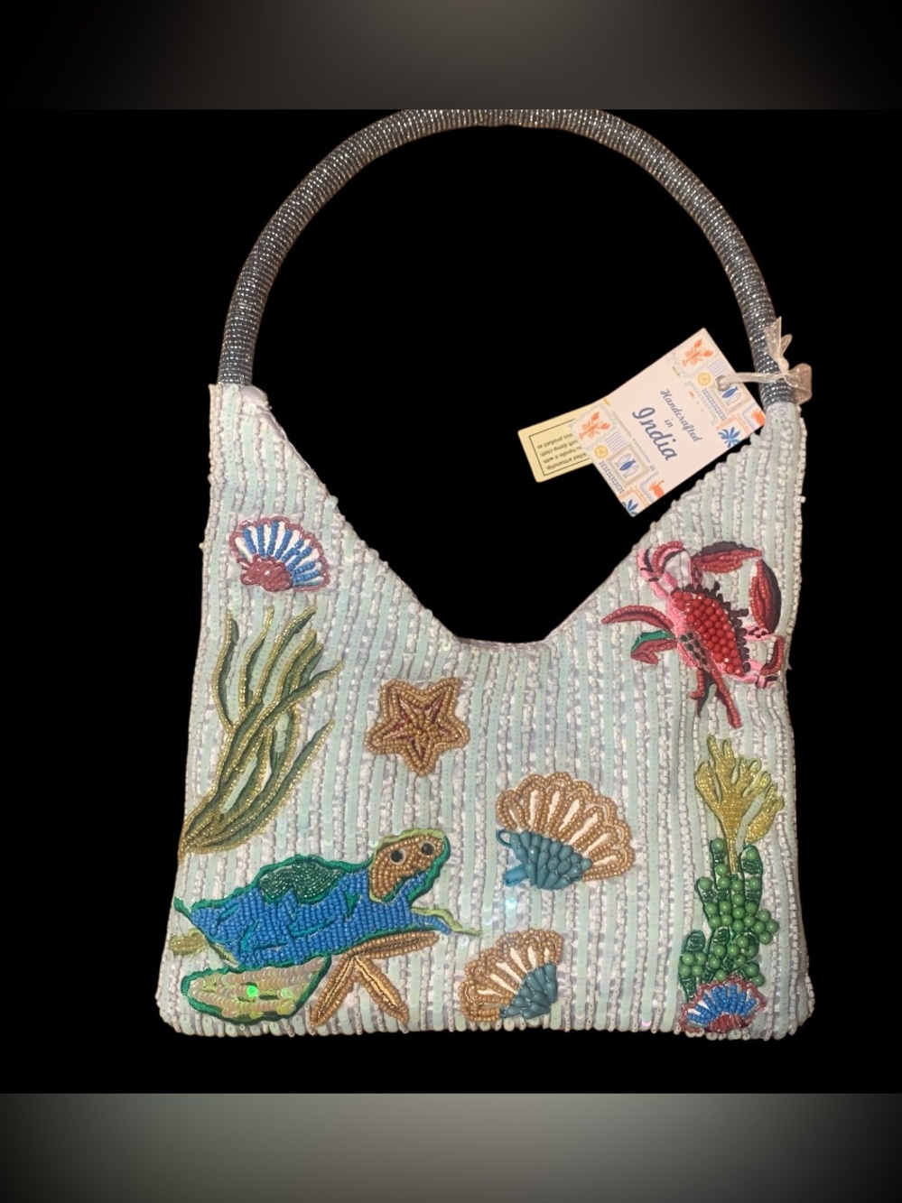 Sea Creatures 3D Beaded Sequin Bag Purse Turtle Crab Seahorse Starfish India NWT